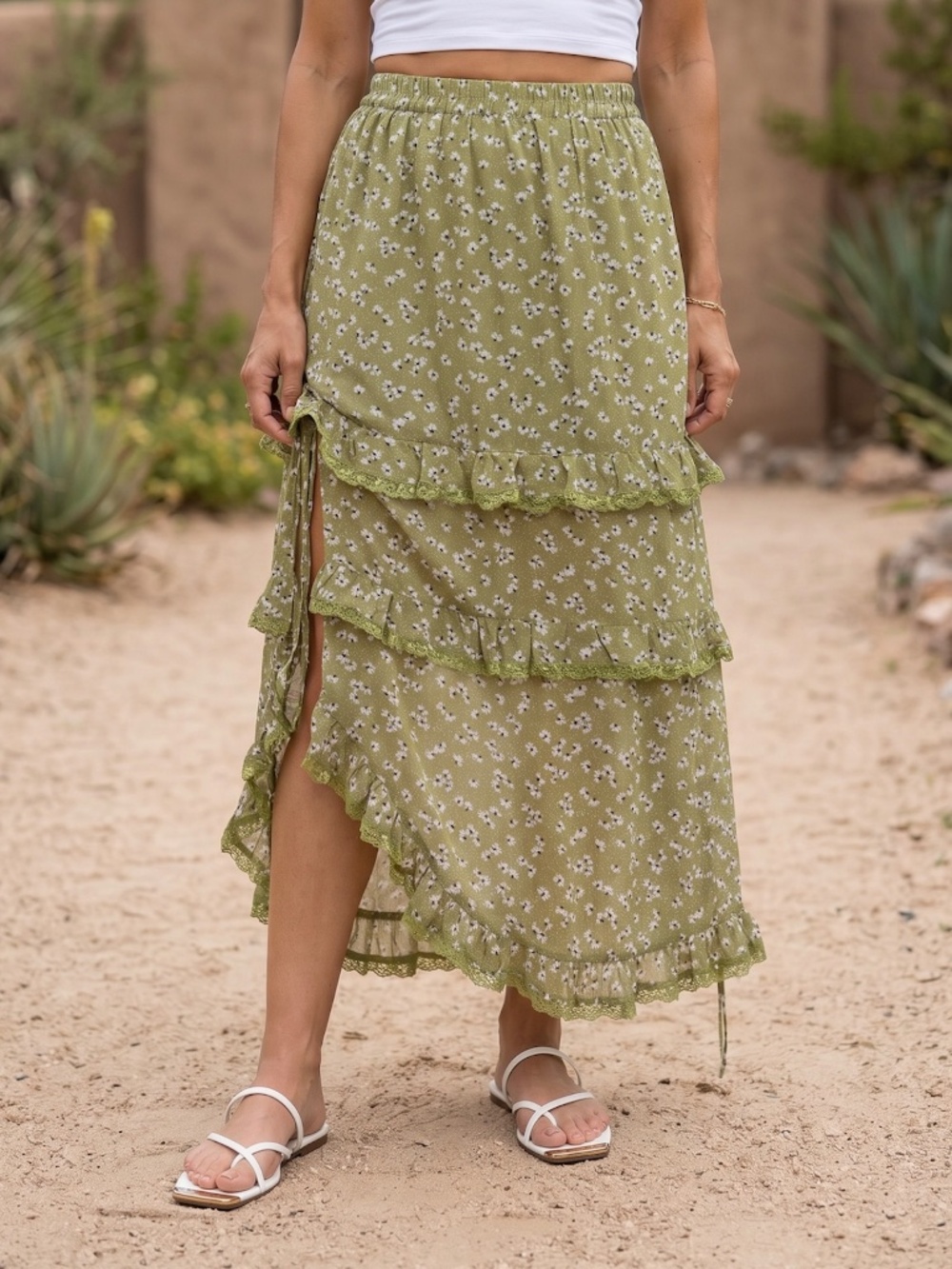 POL Green Ditzy Floral Maxi Skirt | Ruffle Tiered Side Slit Pull On - Picture 5 of 7